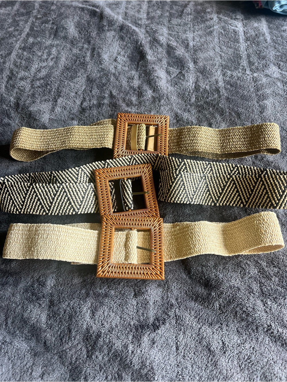 3 belt bundle Women’s Woven Elastic Belt with Rattan Buckle — Cream & Black